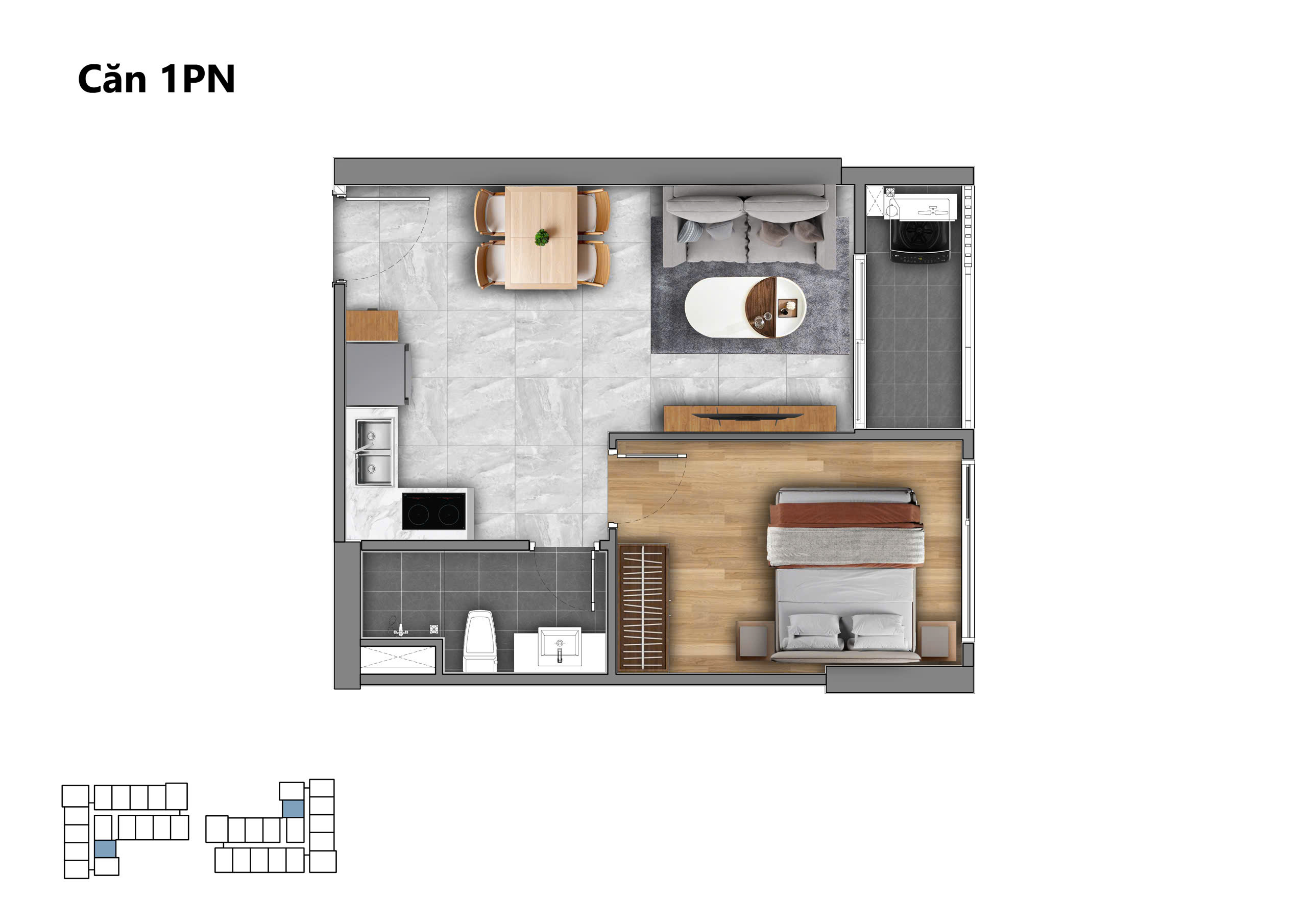 Mặt bằng chi tiết căn hộ 1 phòng ngủ Fenica 43,09m² với phòng khách, bếp, 1 phòng ngủ và 1 phòng vệ sinh