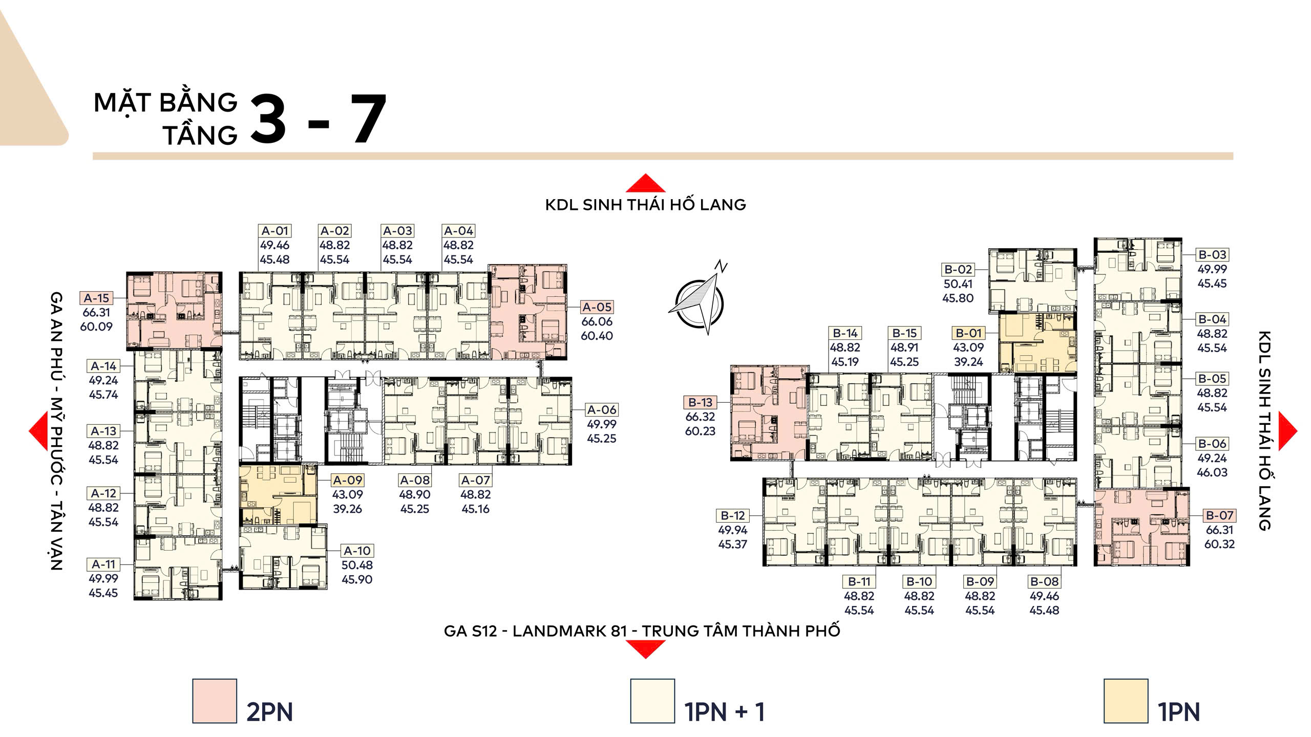 Mặt bằng tầng 3 đến tầng 7 dự án Fenica, thể hiện vị trí căn hộ Block A và Block B